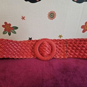 Vgt Women's Red  Leather Belt 38" Long 1 1/4" Wide Adjustable Size Braided